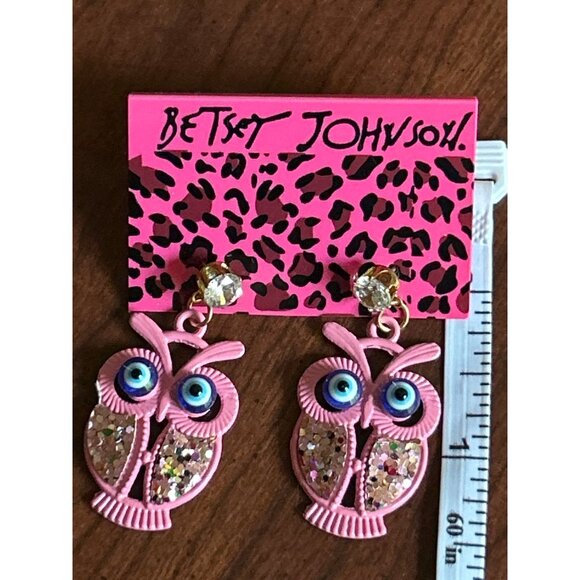 Betsey Johnson Pink Owl Dangle Earrings With Glitter And Beaded Eyes - Picture 4 of 4